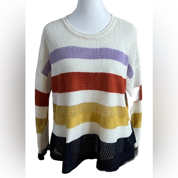 FATE White Striped Loose Knit Lightweight Long Sleeve Sweater Size Large - Picture 2 of 9